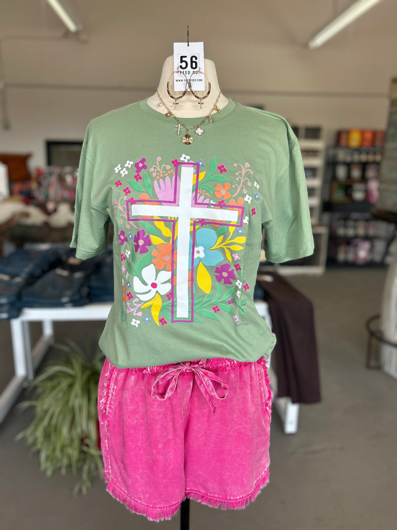 Branded Cotton | Sage Floral Cross Crew Neck Tee