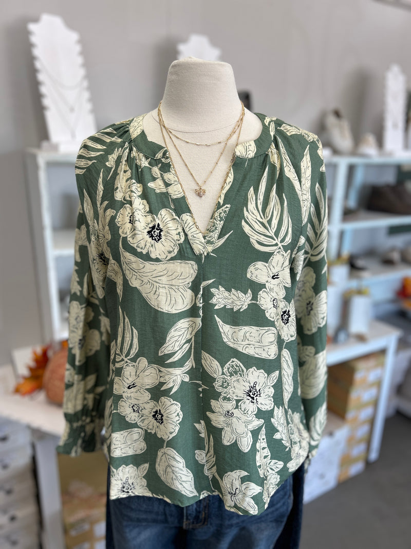 Staccato | Sage Floral Split V-Neck Long Sleeve Blouse