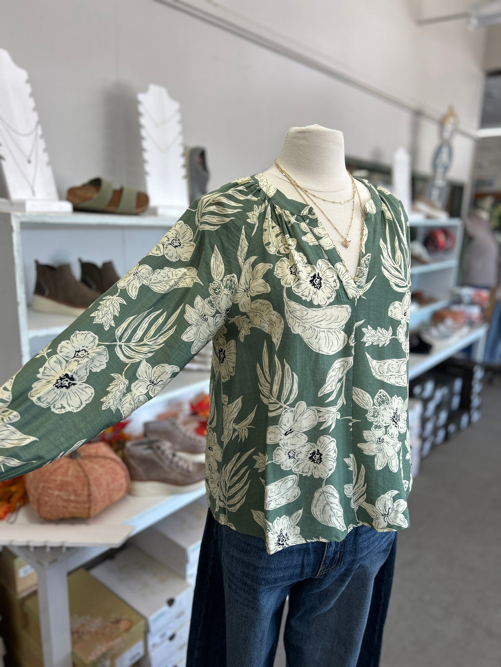 Staccato | Sage Floral Split V-Neck Long Sleeve Blouse