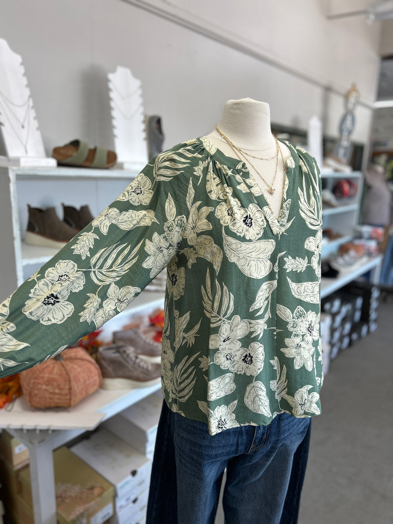 Staccato | Sage Floral Split V-Neck Long Sleeve Blouse