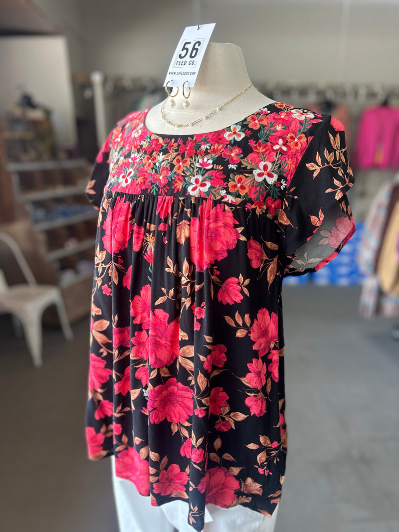 Savanna Jane | Women's Black Multi Embroidered Round Neck Flutter Sleeve Top