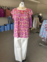 Savanna Jane | Women's Magenta Embroidered Round Neck Flutter Sleeve Top