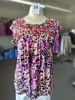 Savanna Jane | Women's Magenta + Black Spot Embroidered Round Neck Flutter Sleeve Top