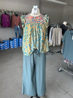 Savanna Jane | Women's Teal Aztec Print Embroidered Top with Flutter Sleeves