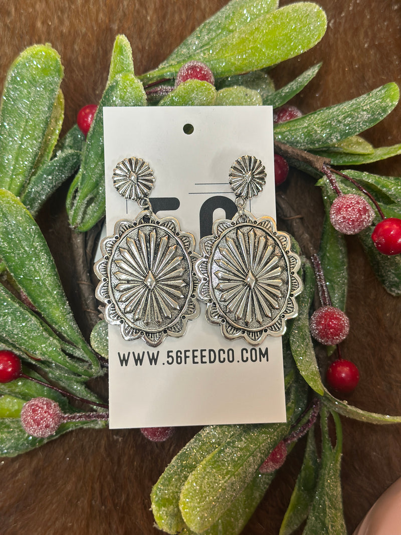 Earring | Silver Carved Concho Style Alloy Dangle Earring