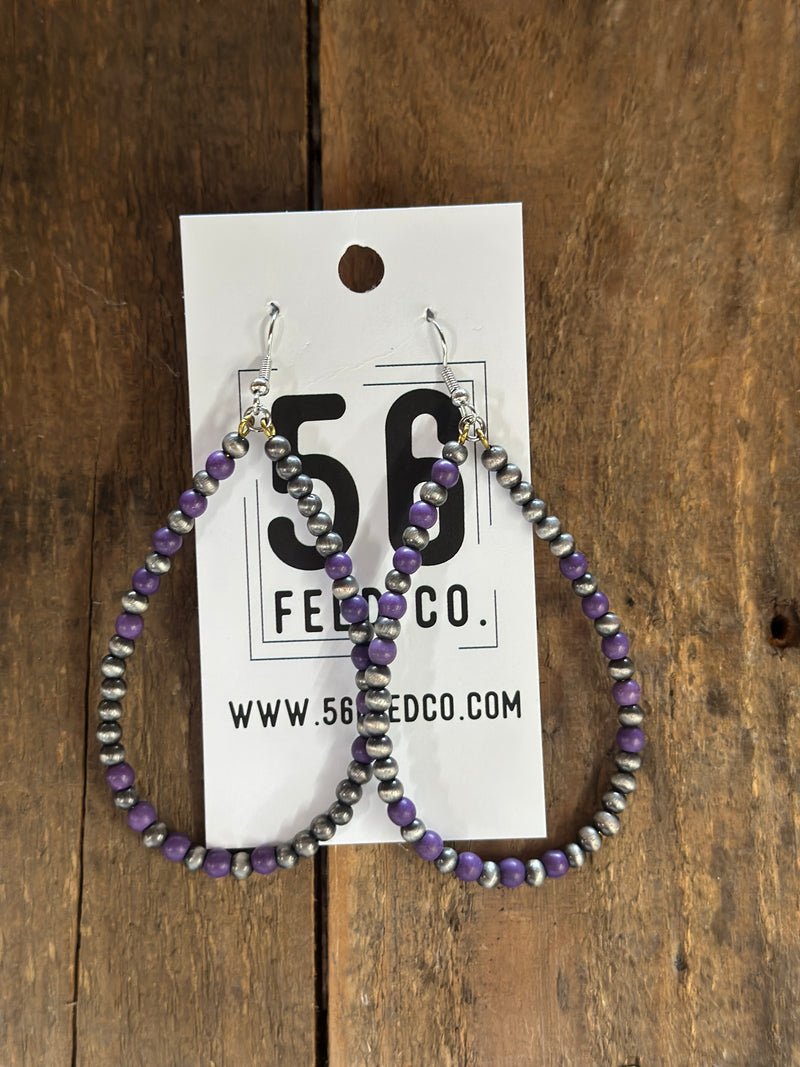 Earring | Silver Navajo Pearl with Purple Stone Teardrop Hoop Earrings