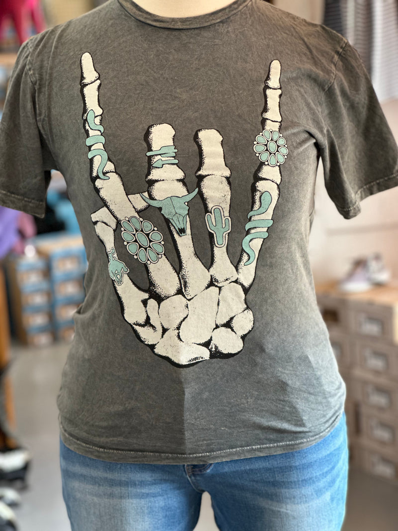 Skeleton Rock Hand Stone Gray Mineral Wash Graphic Tee