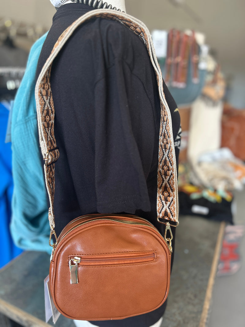 Small Brown Crossbody With Patterned Strap