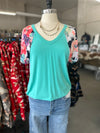 Solid Mint Tunic Top with Floral Contrast Sleeve