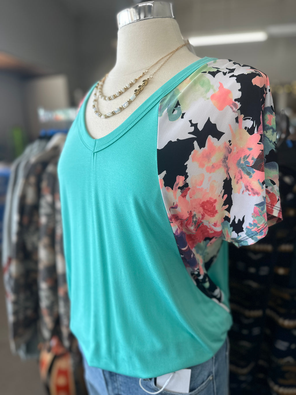 Solid Mint Tunic Top with Floral Contrast Sleeve