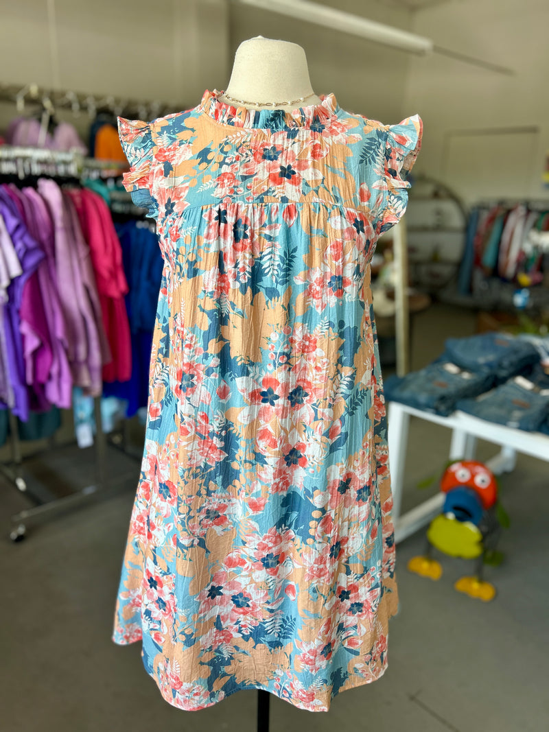 Staccato l Blue Floral Fully Lined Sleeveless Ruffle High Neck Dress