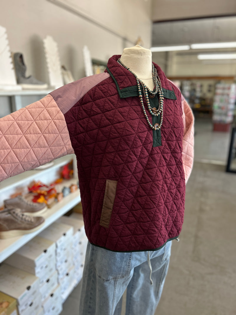 Staccato | Burgundy + Pink Color Block Quilted Sweatshirt with Pockets