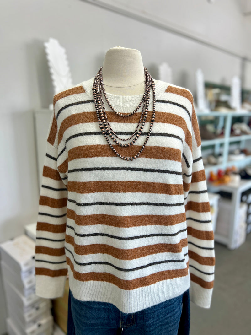Staccato | Camel Multi Stripe Pullover Crew Sweater