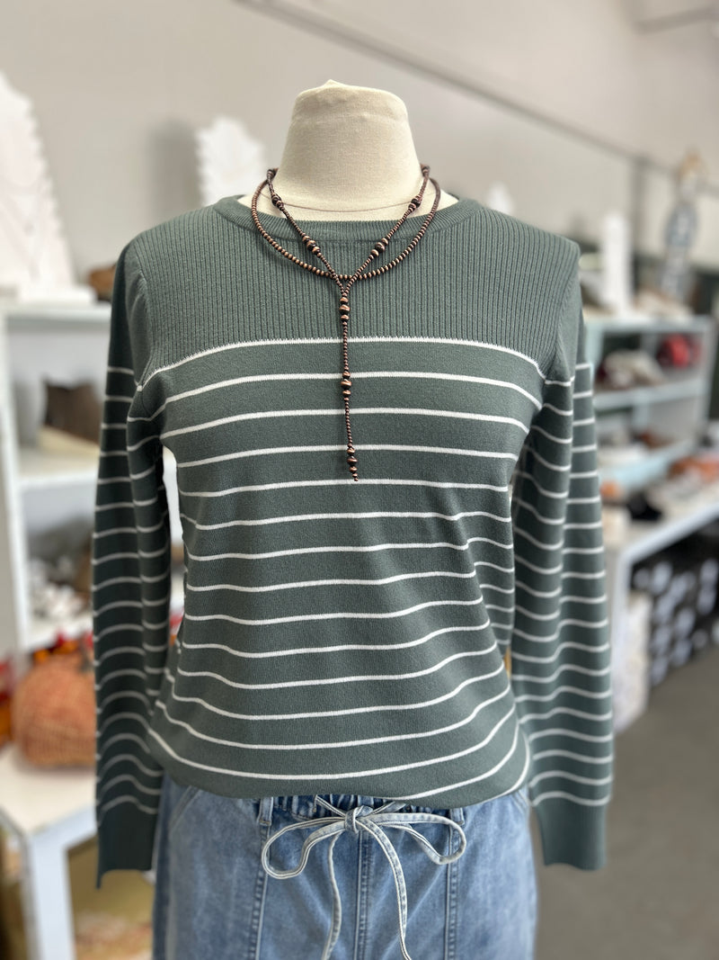 Staccato | Dusty Jade Striped Longsleeve Pullover Sweater