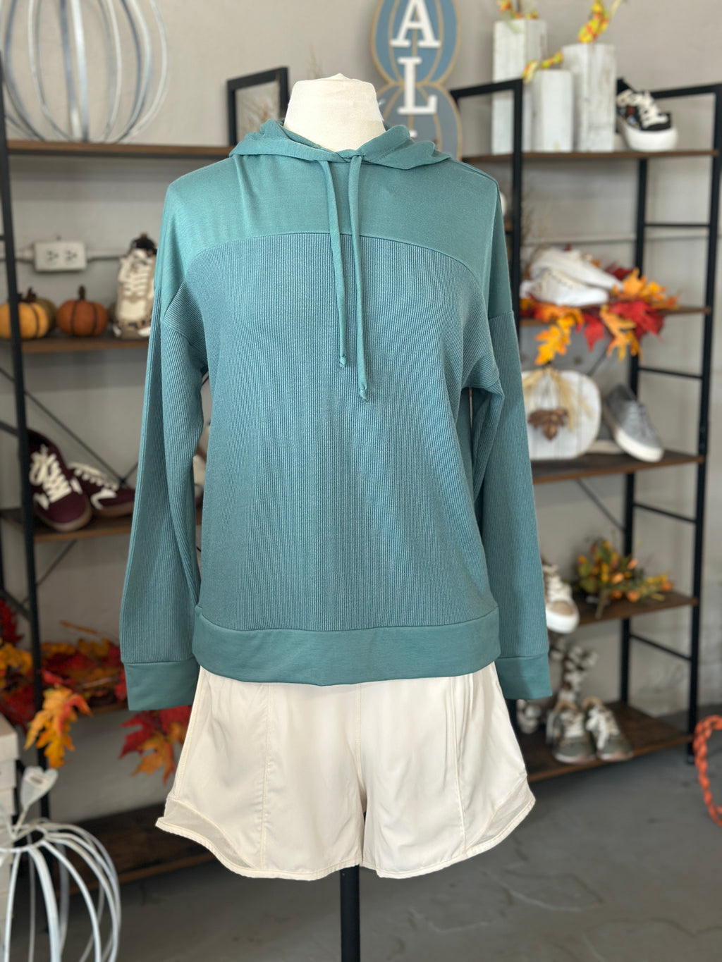 Staccato | Dusty Teal Drawstring Neck Longsleeve Hood Sweatshirt