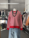 Women's Red Striped Crew Neck Relaxed Fit Pullover