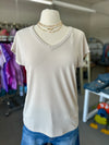 Staccato l Oatmeal Short Sleeve V-Neck Pointelle Knit Top