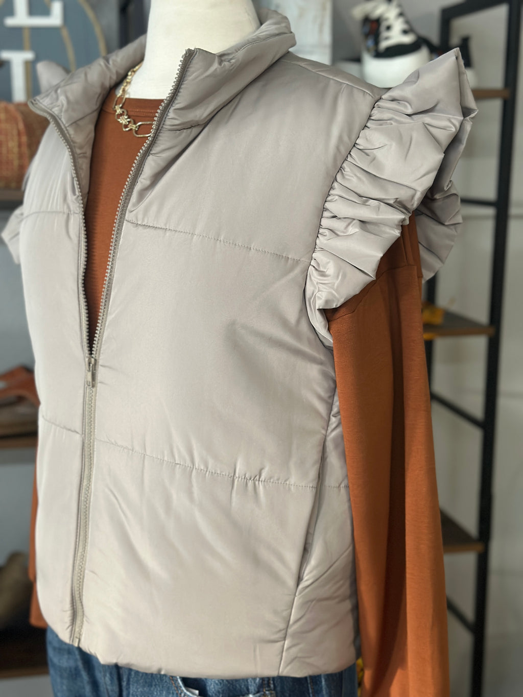 Staccato | Taupe Ruffled Sleeve Zip Up Puffer Vest