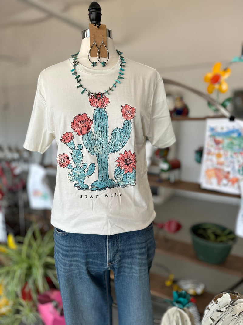 Stay Wild Cactus Flowers on Ivory Boyfriend Fit Crew Neck Graphic Tee