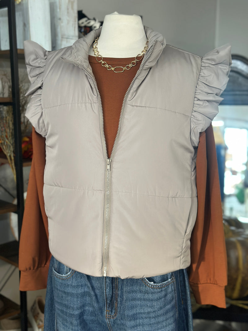 Staccato | Taupe Ruffled Sleeve Zip Up Puffer Vest