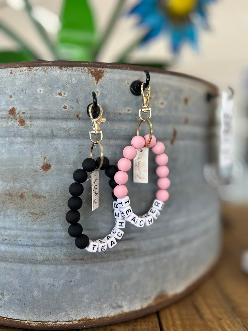 'Teacher' Beaded Wristlet Keychain