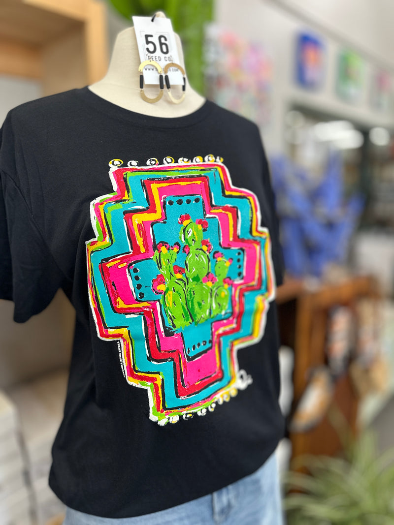 Texas True Threads | Neon Aztec + Cactus on Black Crew Neck T-Shirt