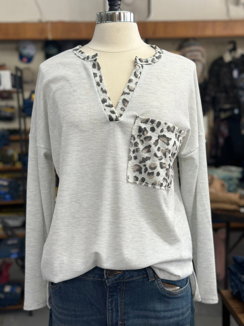 Thermal Knit with Leopard Contrast V-Neck Top with Front Pocket