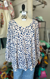 Tickled Teal | Women's Navy Pink Dot V-Neck Colette Gathered Sleeve Top