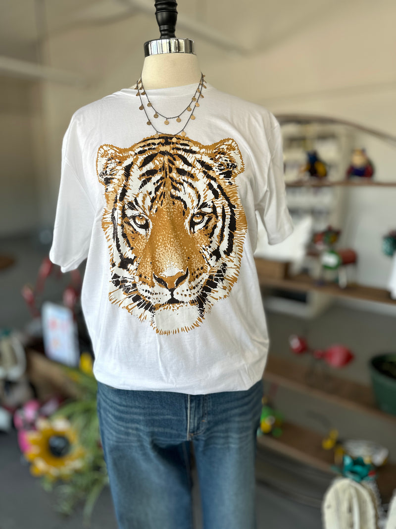 Tiger Face on White Boyfriend Fit Crew Neck Graphic Tee