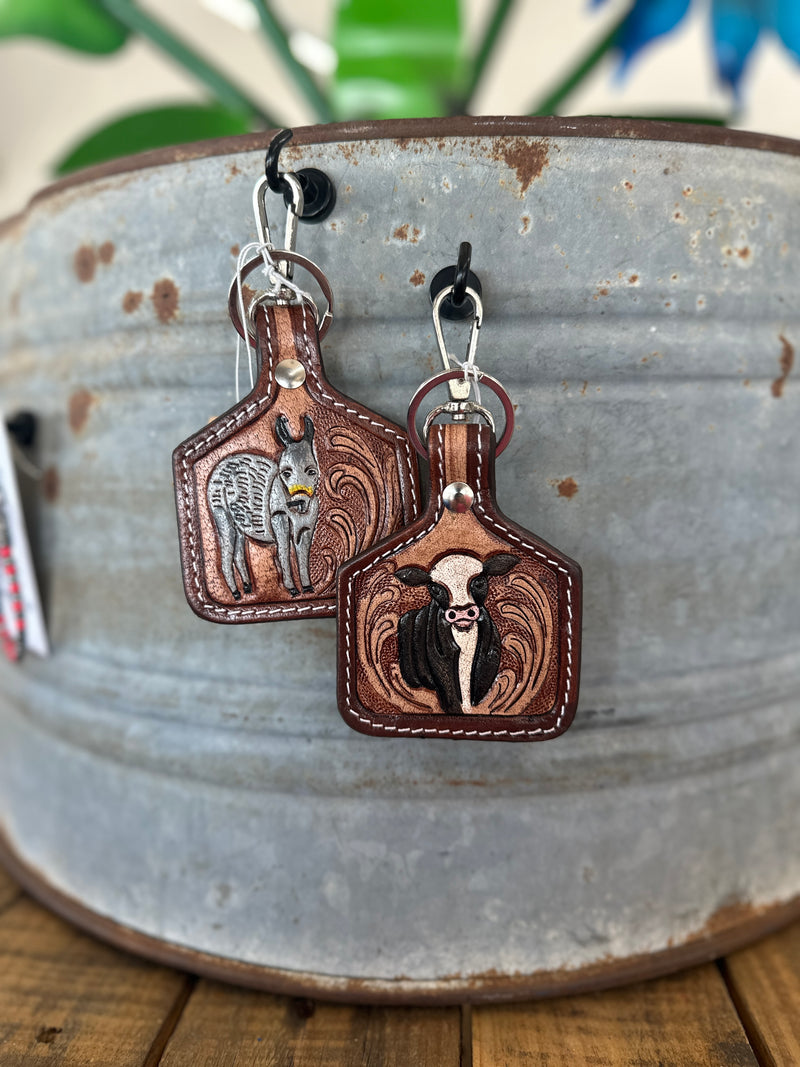 Tooled Leather Cow Tag Keychain