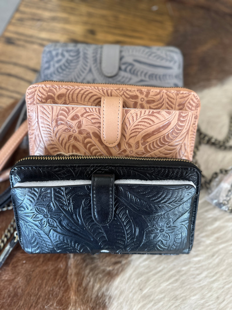 Tooled Leather Smartphone Wallet Crossbody