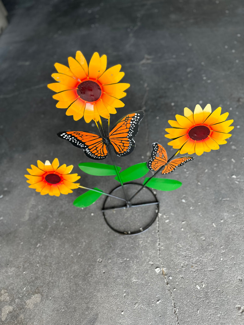 Sunflower Triple with Butterfly Metal Art