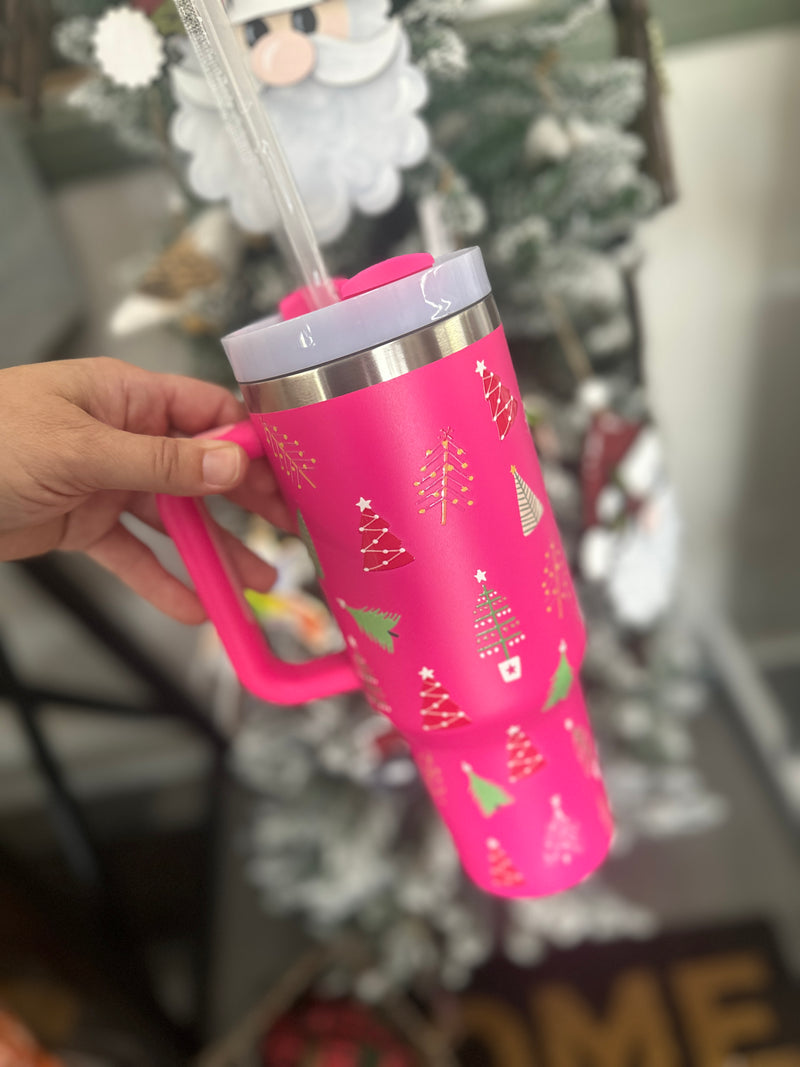 Tumbler | Fuchsia Christmas Tree Print Stainless Steel Tumbler [40oz]