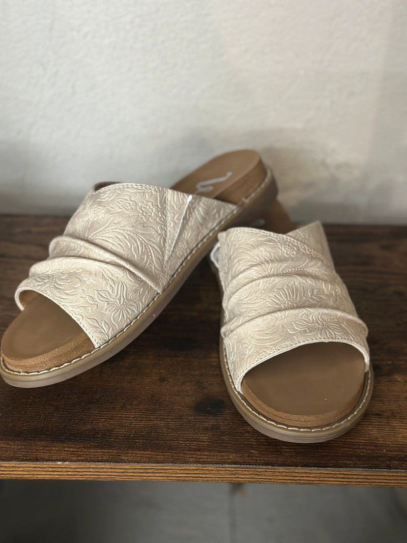 Very G | Floral Embossed Cream Color Slip-On Sandal