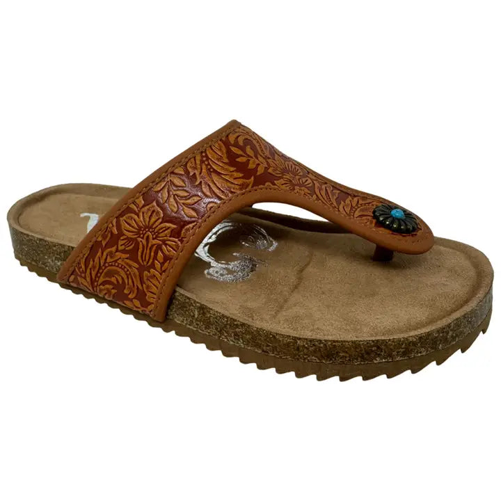 Very G | Tooled Rust Color Cross Band Cushioned Sandal
