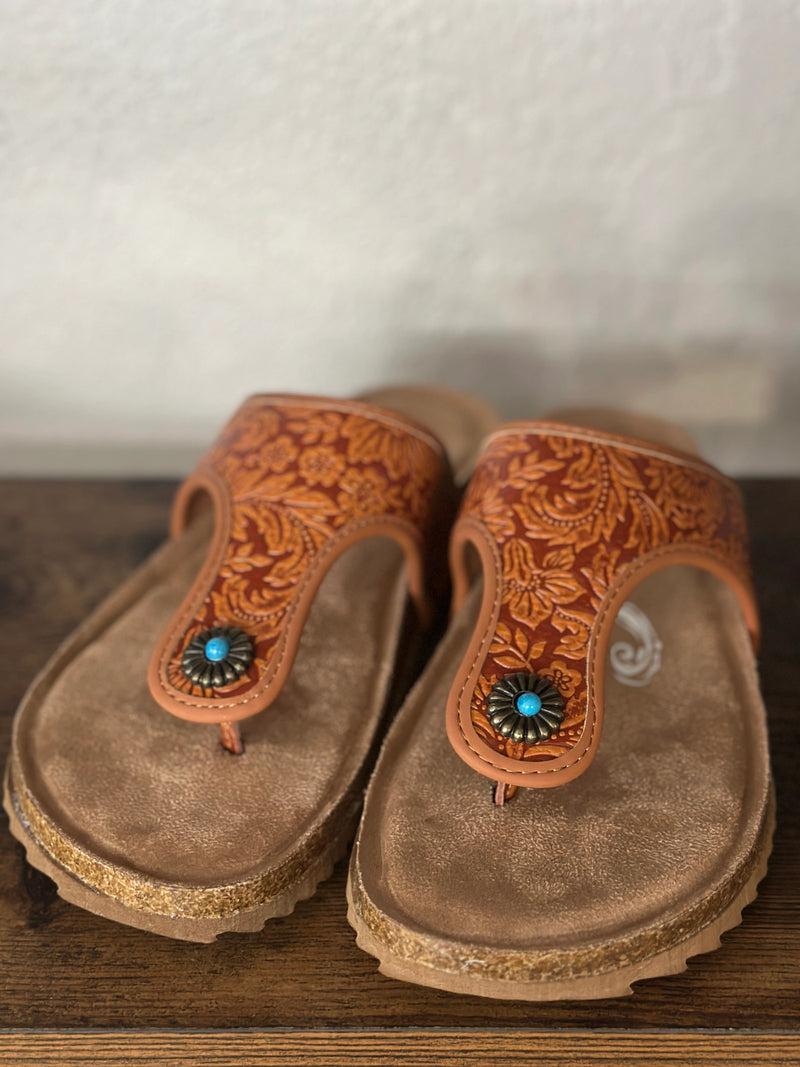 Very G | Tooled Rust Color Cross Band Cushioned Sandal