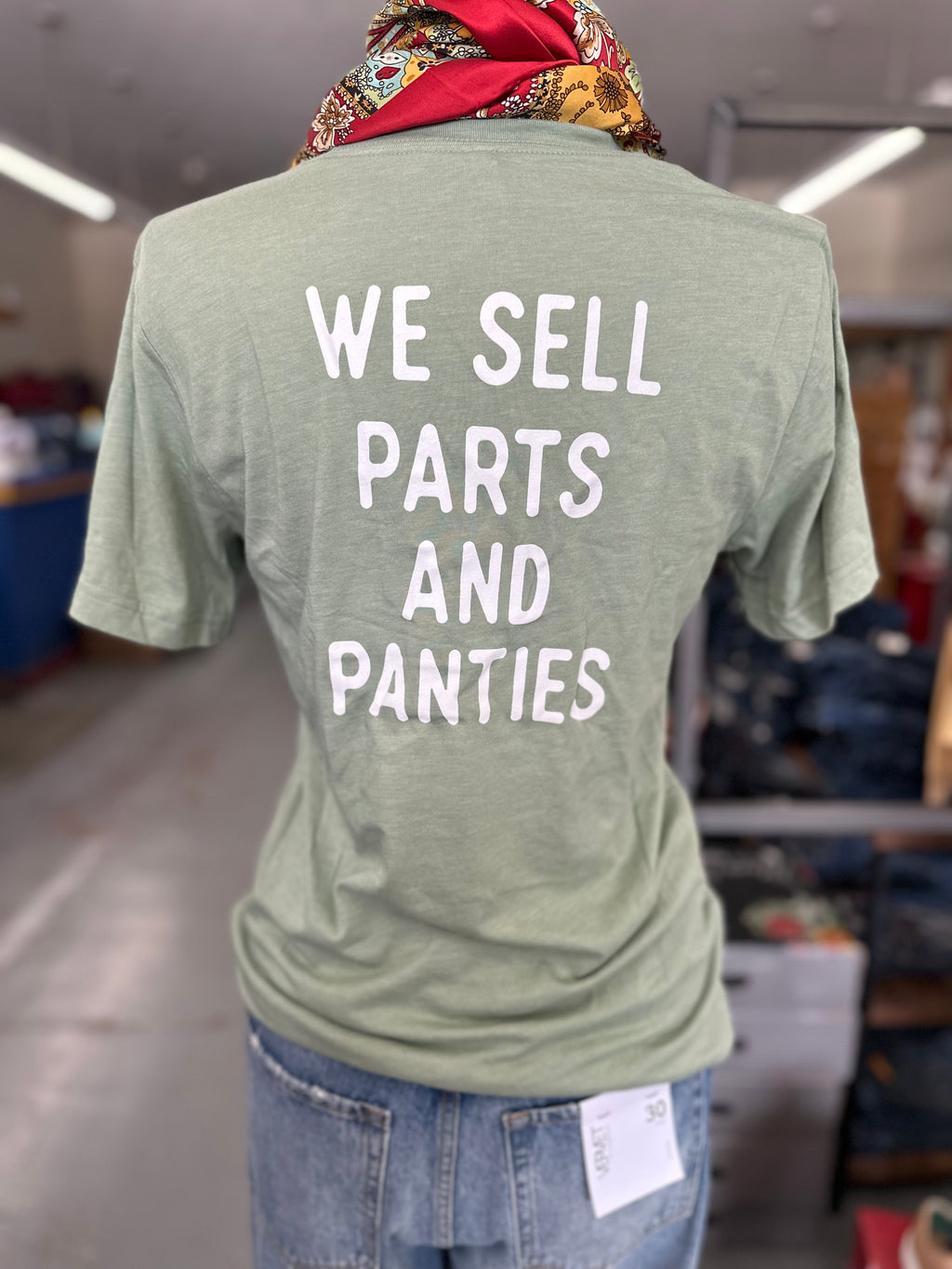 56 Feed Co l We Sell Parts and Panties Unisex Heather Sage Crew Neck