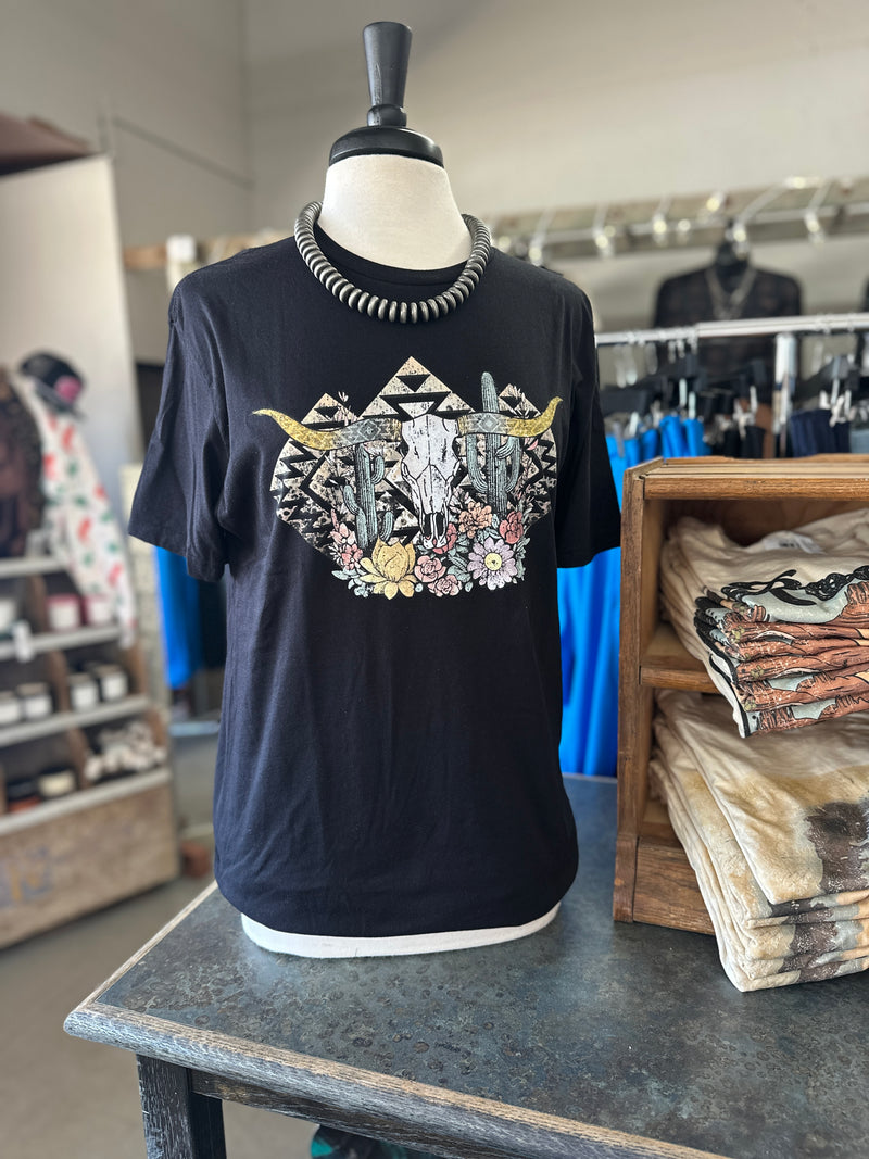 Women's Western Aztec Longhorn + Cactus Black Crew Neck T-Shirt