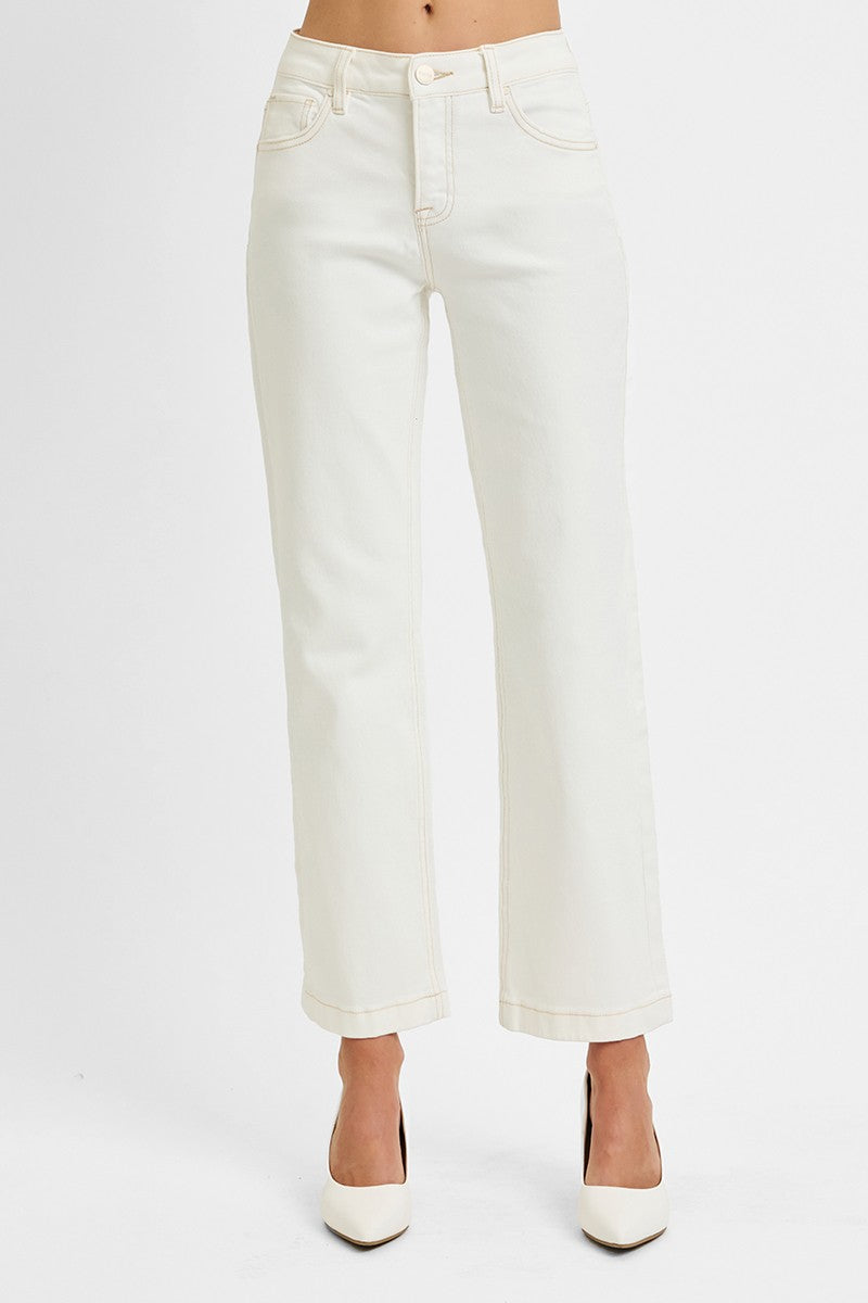 Risen Jeans | White Tummy Control Mid-Rise Ankle Straight Jeans
