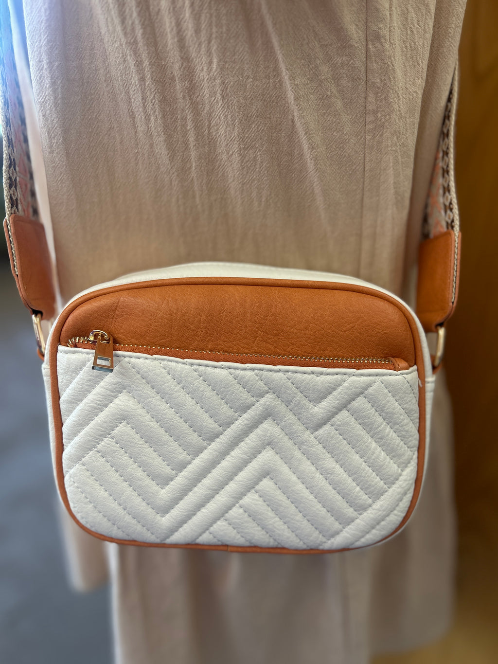Two Tone Crossbody Bag With Pattern Strap