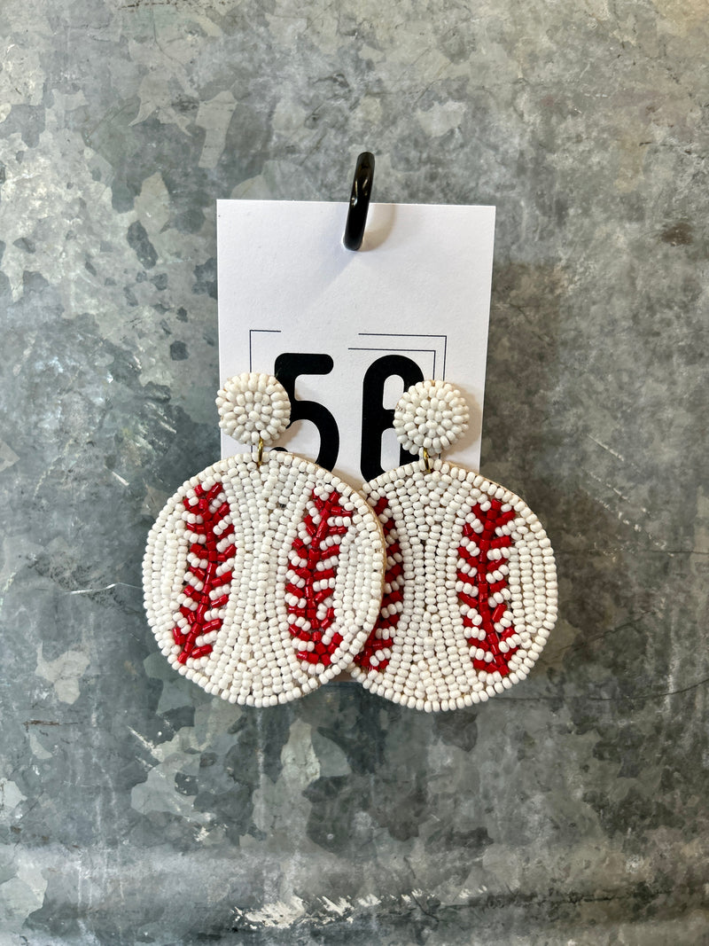 Earring | White & Red Baseball Beaded Dangle