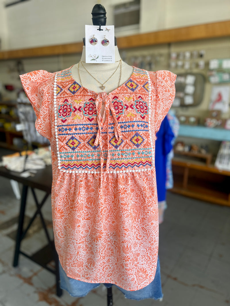 Women's Apricot Embroidered Short Sleeve Top