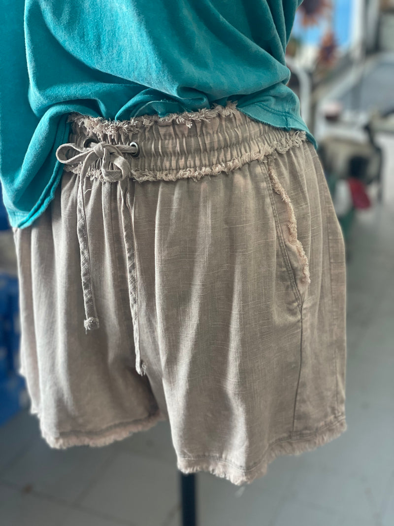 Women's Ash Mocha Washed Linen Frayed Hem Drawstring Shorts