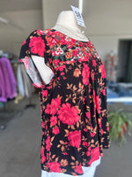 Savanna Jane | Women's Black Multi Embroidered Round Neck Flutter Sleeve Top