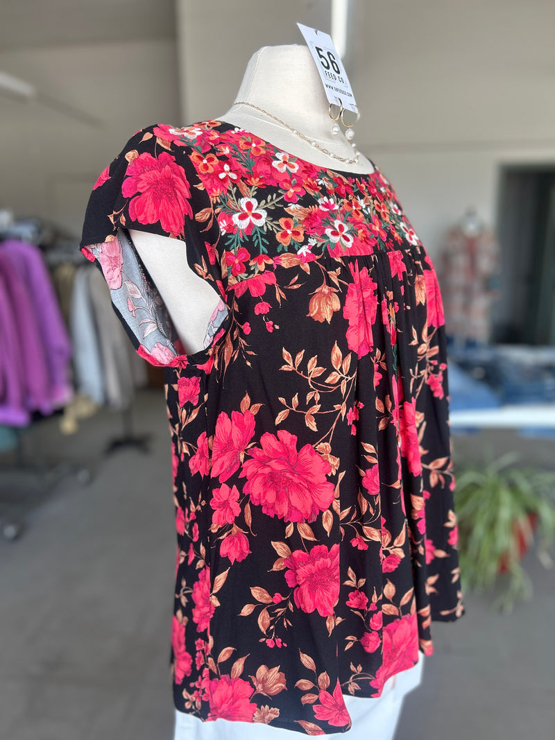 Savanna Jane | Women's Black Multi Embroidered Round Neck Flutter Sleeve Top