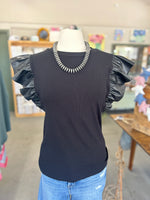 Women's Black Round Neck Top with Leather Ruffle Sleeve