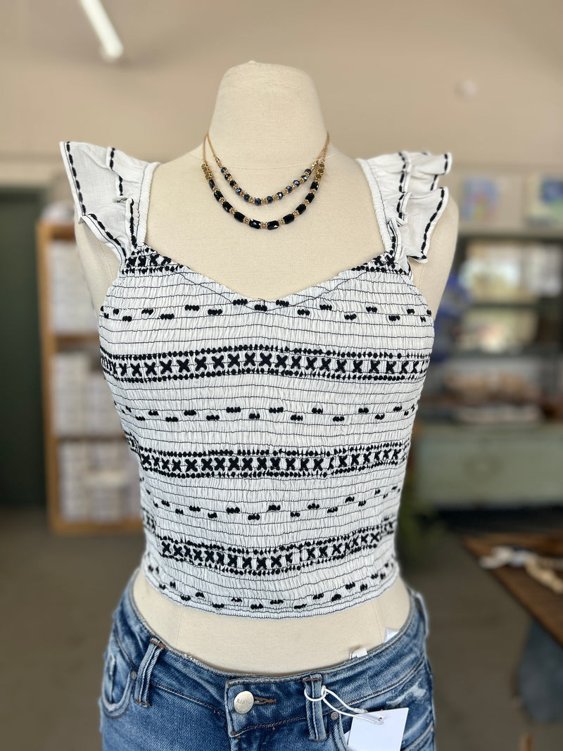 Women's Black + White Smocked Top with Flutter Sleeves
