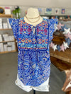 Women's Blue Embroidered Short Ruffle Sleeve Top