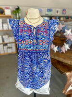 Women's Blue Embroidered Short Ruffle Sleeve Top
