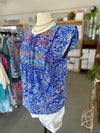 Women's Blue Embroidered Short Ruffle Sleeve Top